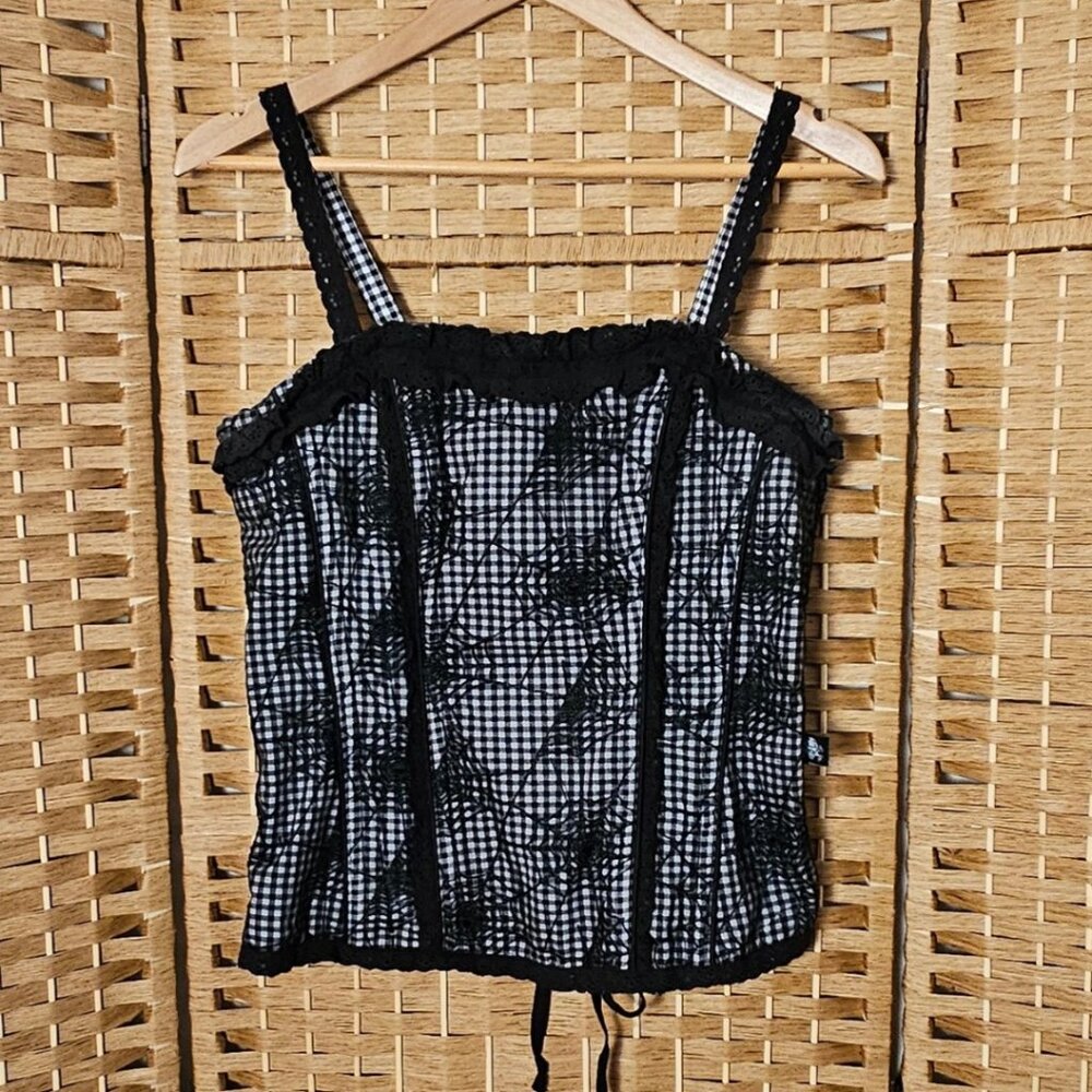 Tripp NYC Black White Gingham Spider Web Lace Up Corset Top L